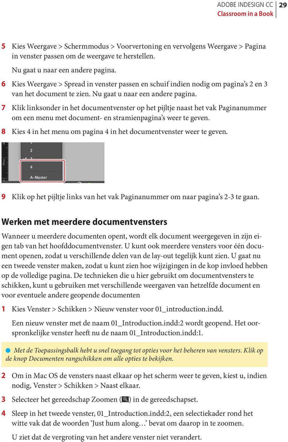 7 Klik linksonder in het documentvenster op het pijltje naast het vak Paginanummer om een menu met document- en stramienpagina s weer te geven.