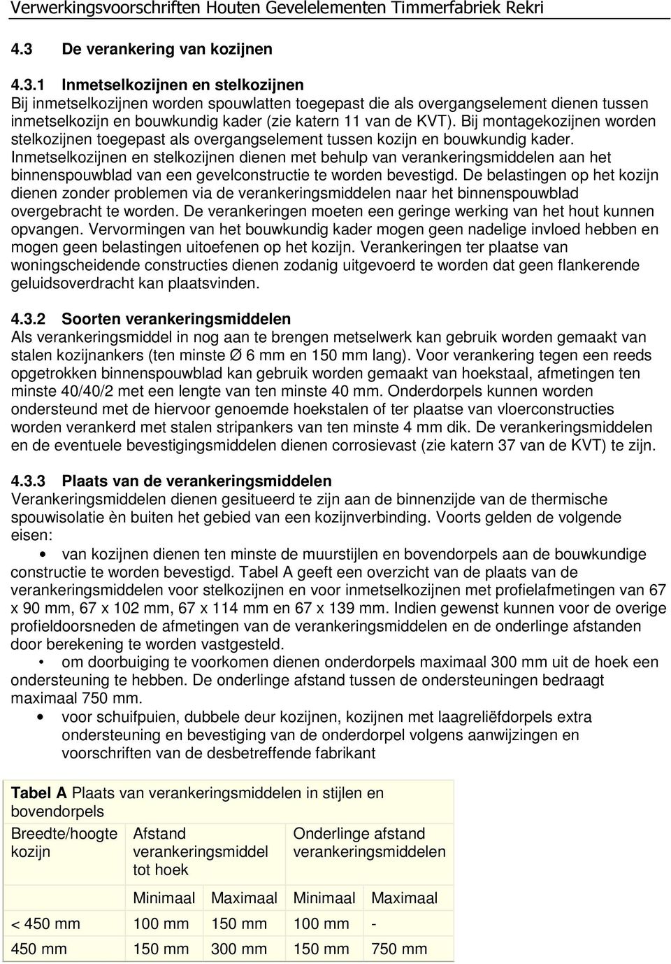 Inmetselkozijnen en stelkozijnen dienen met behulp van verankeringsmiddelen aan het binnenspouwblad van een gevelconstructie te worden bevestigd.