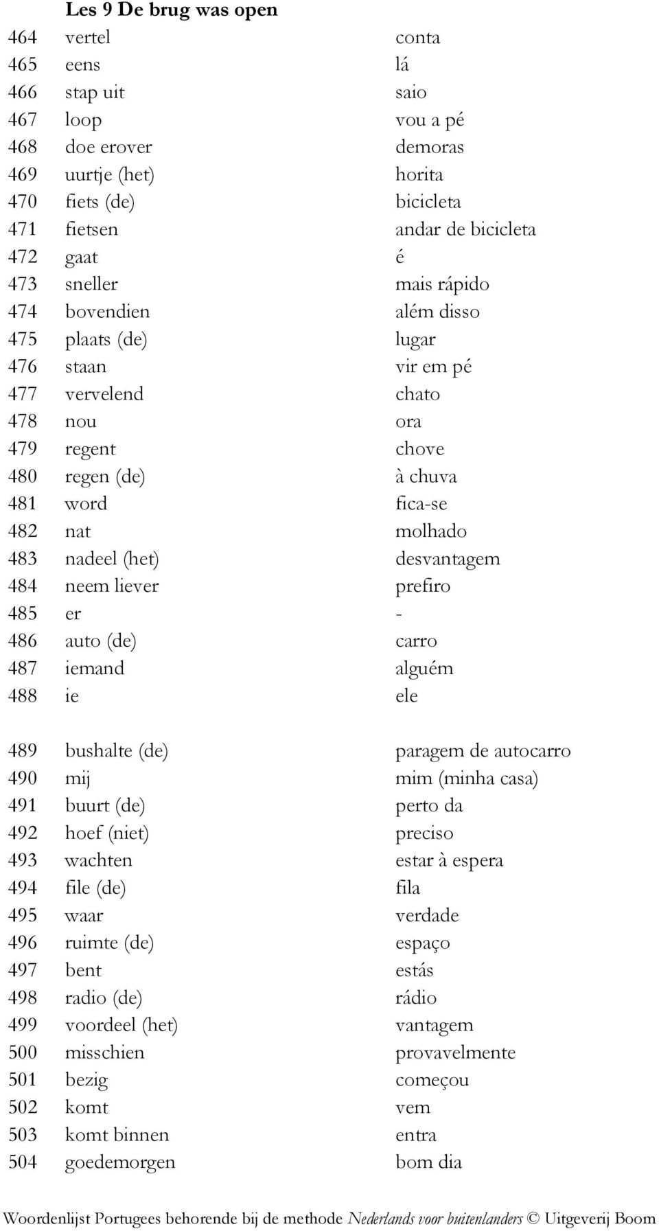 483 nadeel (het) desvantagem 484 neem liever prefiro 485 er - 486 auto (de) carro 487 iemand alguém 488 ie ele 489 bushalte (de) paragem de autocarro 490 mij mim (minha casa) 491 buurt (de) perto da