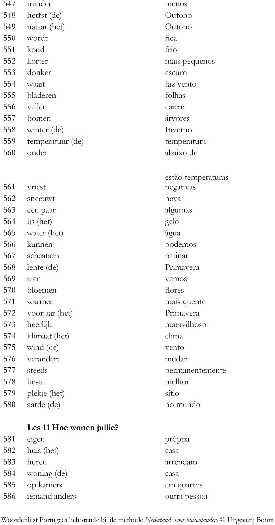 (het) água 566 kunnen podemos 567 schaatsen patinar 568 lente (de) Primavera 569 zien vemos 570 bloemen flores 571 warmer mais quente 572 voorjaar (het) Primavera 573 heerlijk maravilhoso 574 klimaat