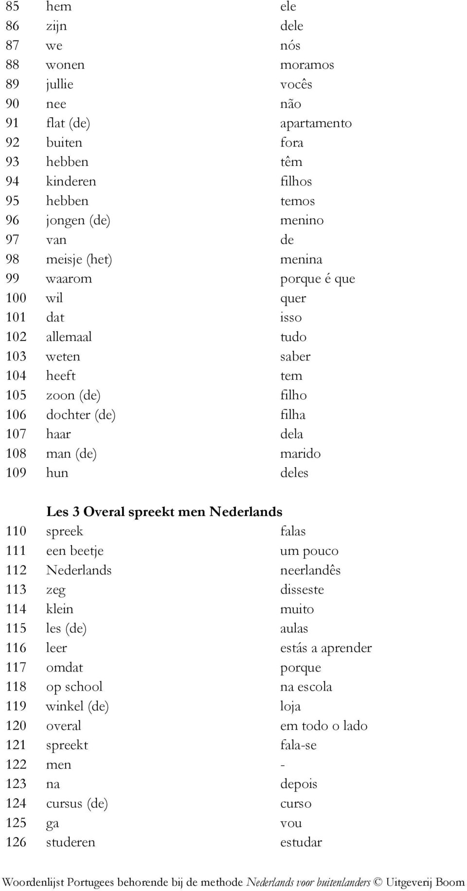 (de) marido 109 hun deles Les 3 Overal spreekt men Nederlands 110 spreek falas 111 een beetje um pouco 112 Nederlands neerlandês 113 zeg disseste 114 klein muito 115 les (de) aulas 116 leer