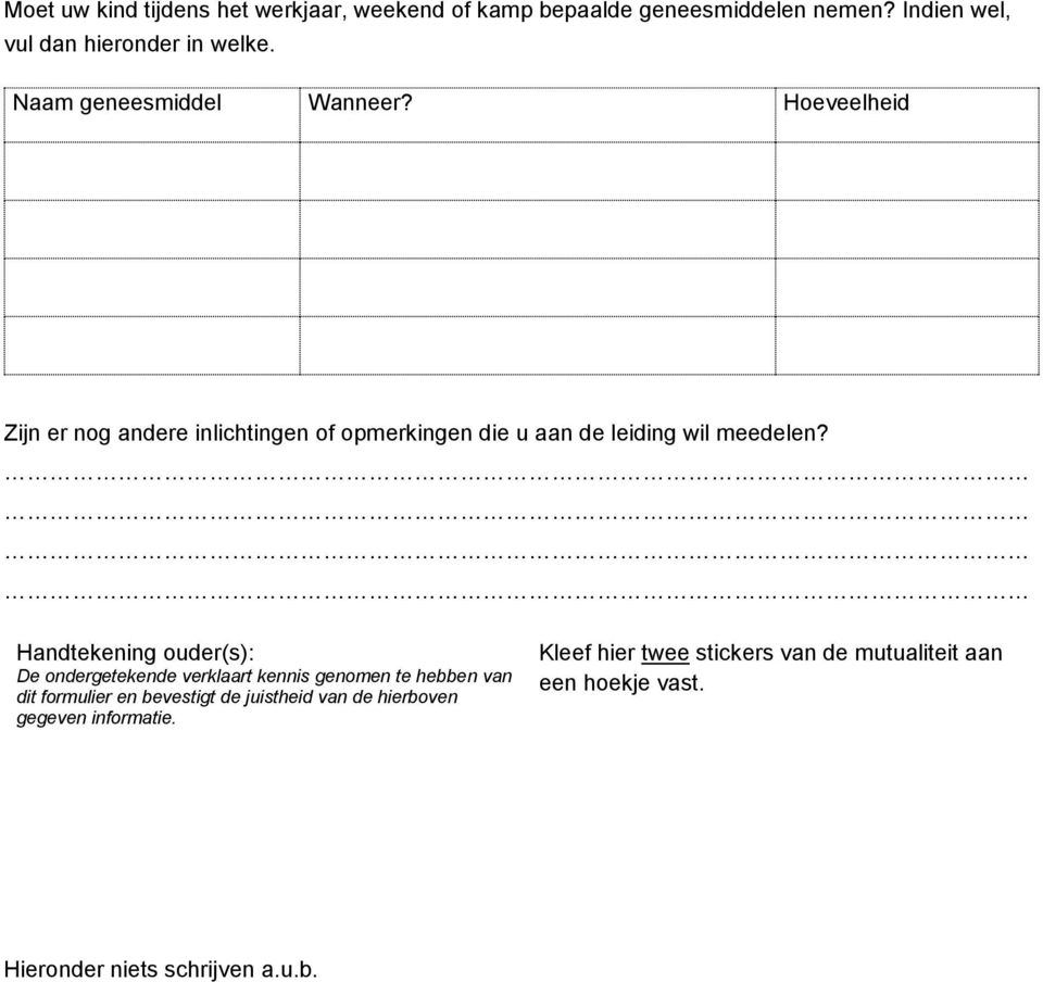 Handtekening ouder(s): De ondergetekende verklaart kennis genomen te hebben van dit formulier en bevestigt de juistheid van