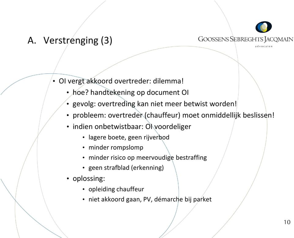 probleem: overtreder(chauffeur) moetonmiddellijkbeslissen!