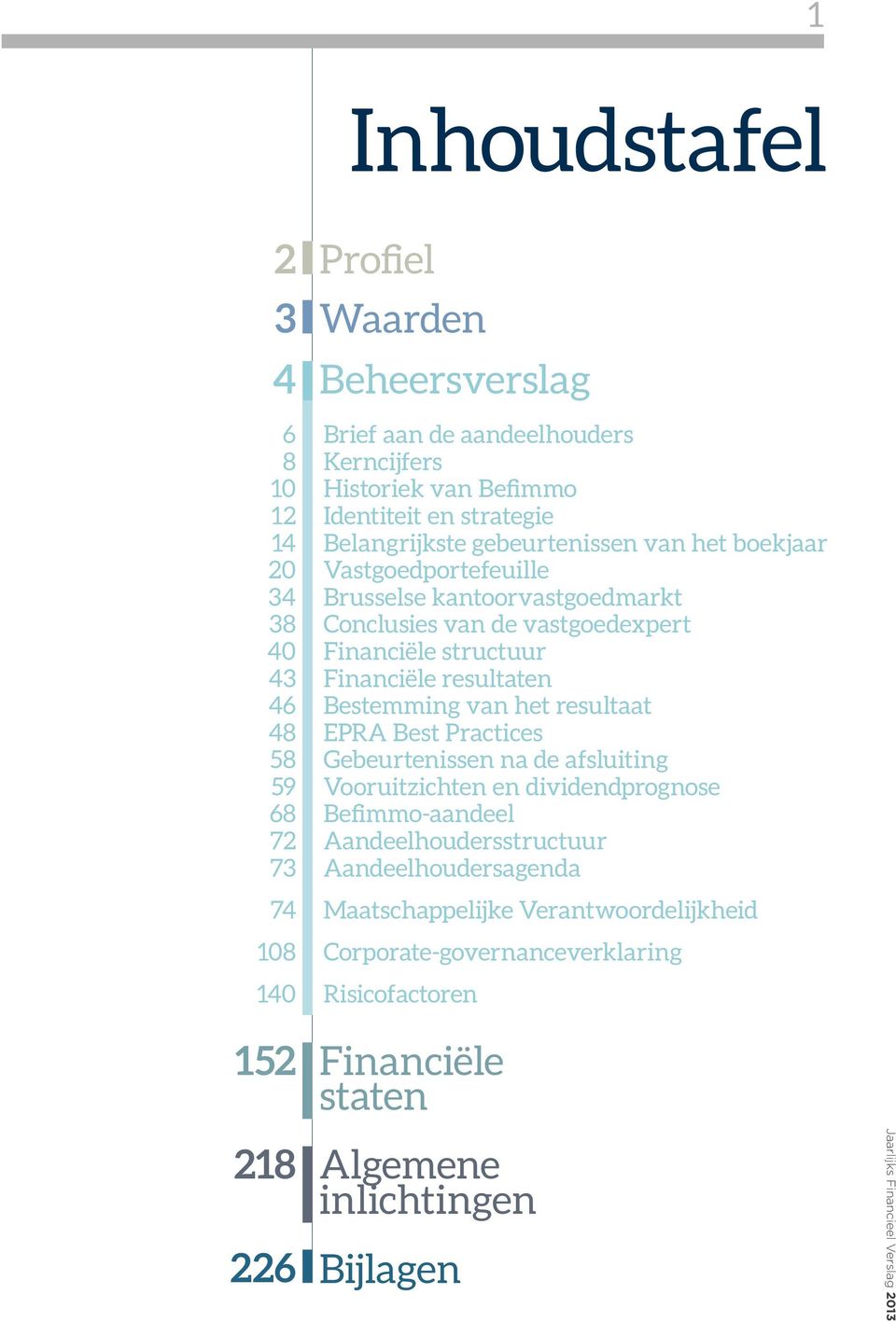 Financiële resultaten Bestemming van het resultaat EPRA Best Practices Gebeurtenissen na de afsluiting Vooruitzichten en dividendprognose Befimmo-aandeel Aandeelhoudersstructuur