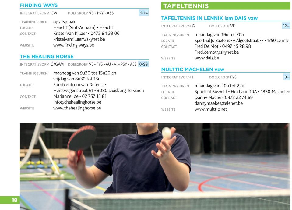 Duisburg-Tervuren Marianne Ide 02 757 15 81 info@thehealinghorse.be www.thehealinghorse.be Tafeltennis Tafeltennis in Lennik ism DAIS vzw integratievorm G doelgroep VE 12+ maandag van 19u tot 20u Sporthal Jo Baetens A.