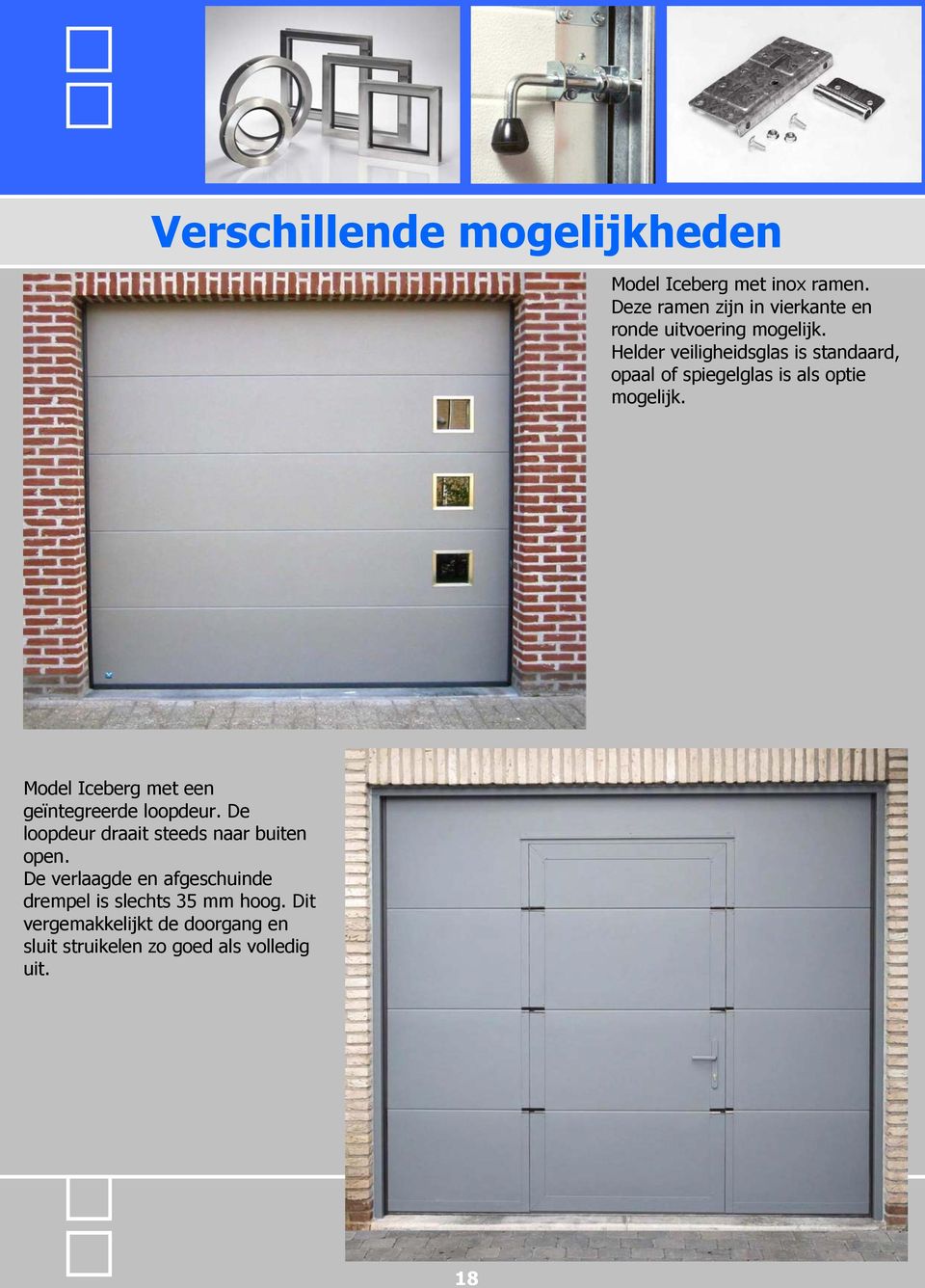 Helder veiligheidsglas is standaard, opaal of spiegelglas is als optie mogelijk.