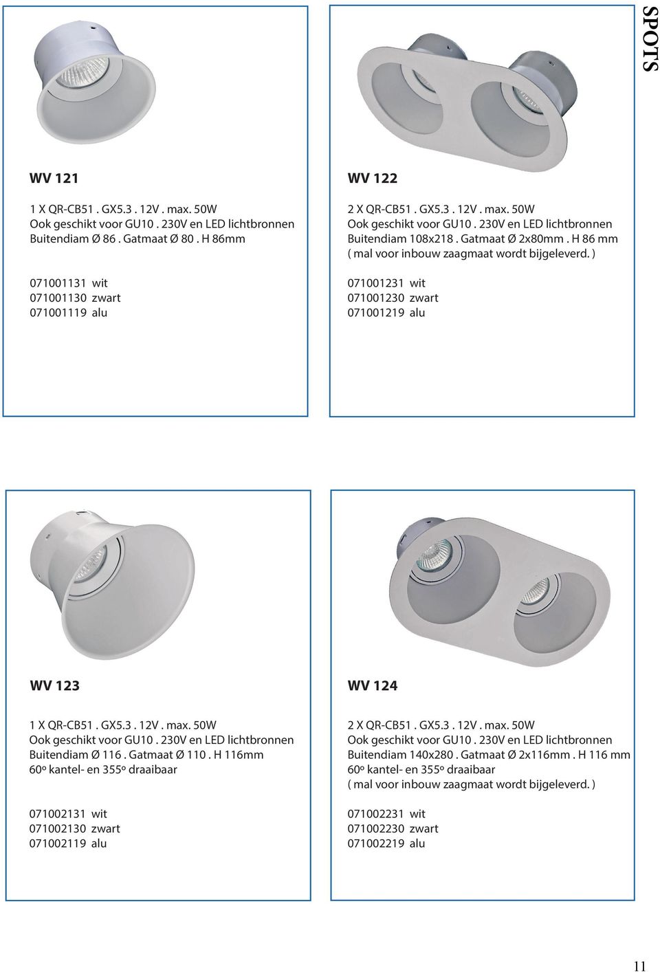 ) 071001231 wit 071001230 zwart 071001219 alu WV 123 WV 124 Buitendiam Ø 116. Gatmaat Ø 110.