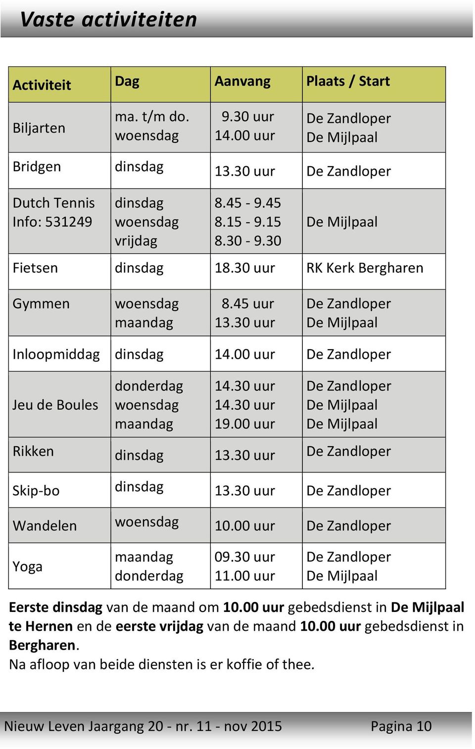 30 uur De Zandloper De Mijlpaal Inloopmiddag dinsdag 14.00 uur De Zandloper Jeu de Boules donderdag woensdag maandag 14.30 uur 14.30 uur 19.