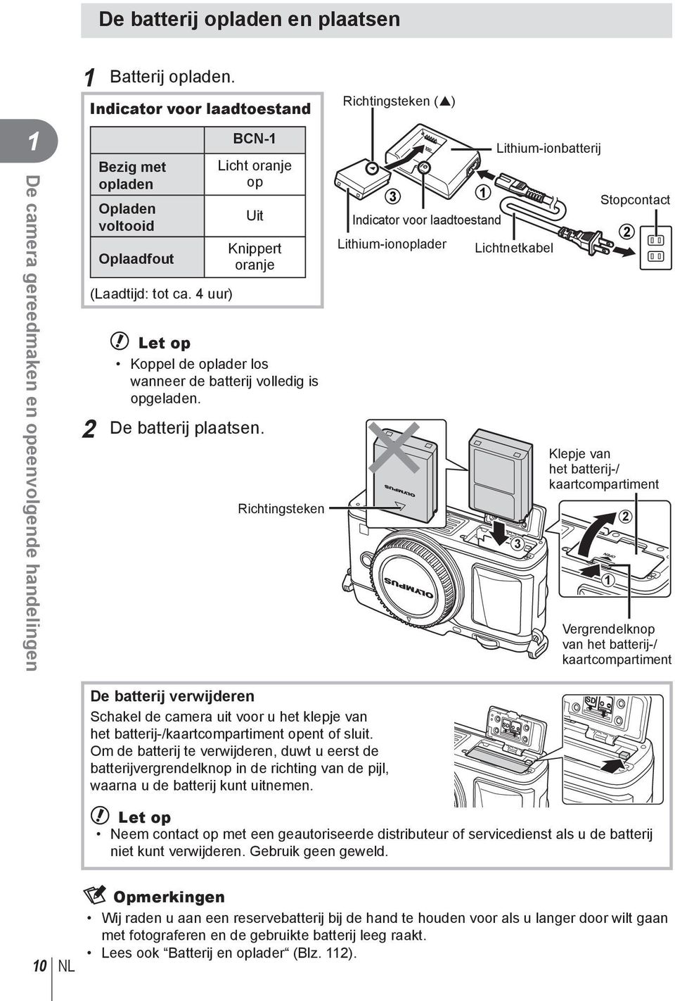 4 uur) # Let op Koppel de oplader los wanneer de batterij volledig is opgeladen. De batterij plaatsen.