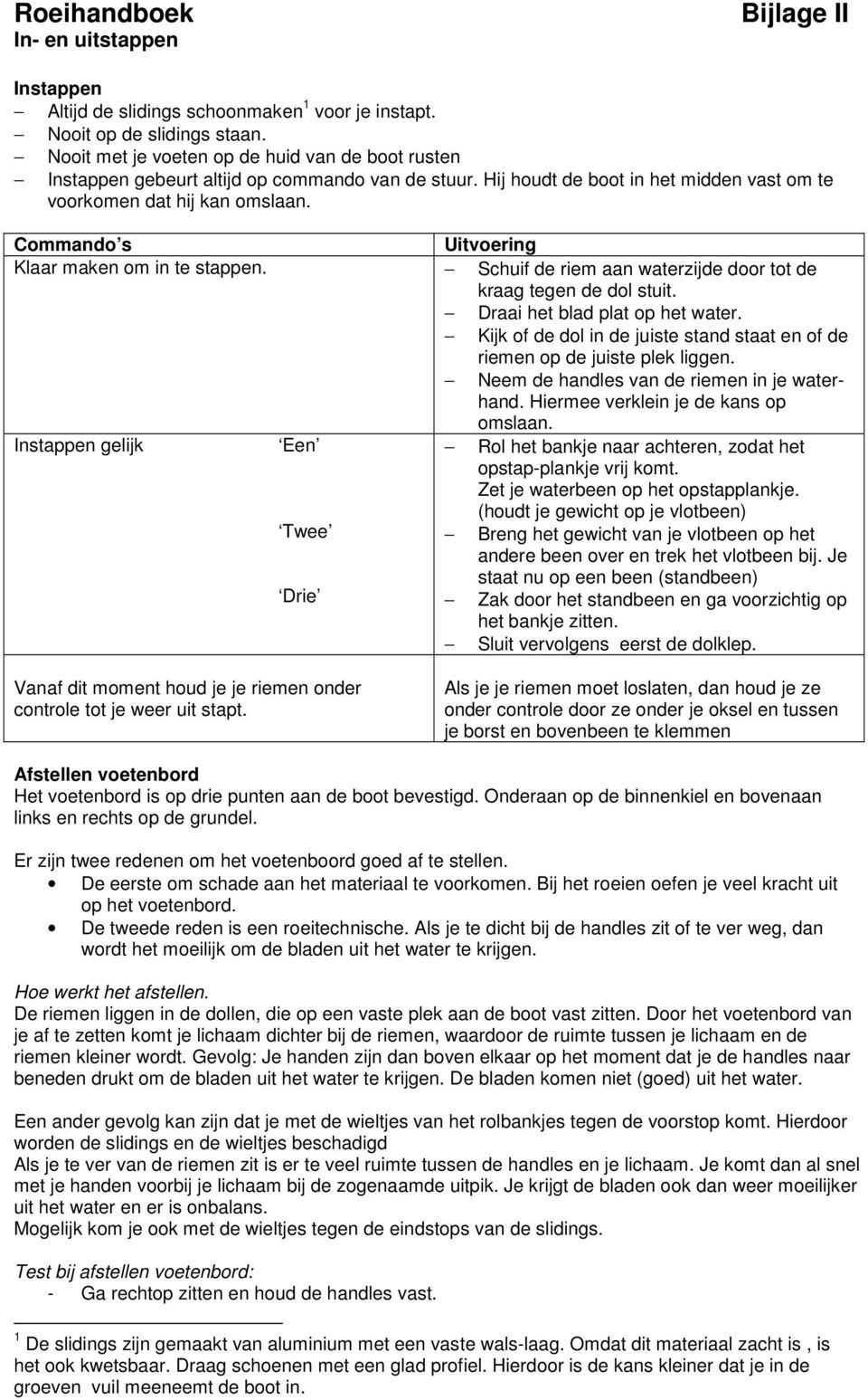 Commando s Uitvoering Klaar maken om in te stappen. Schuif de riem aan waterzijde door tot de kraag tegen de dol stuit. Draai het blad plat op het water.