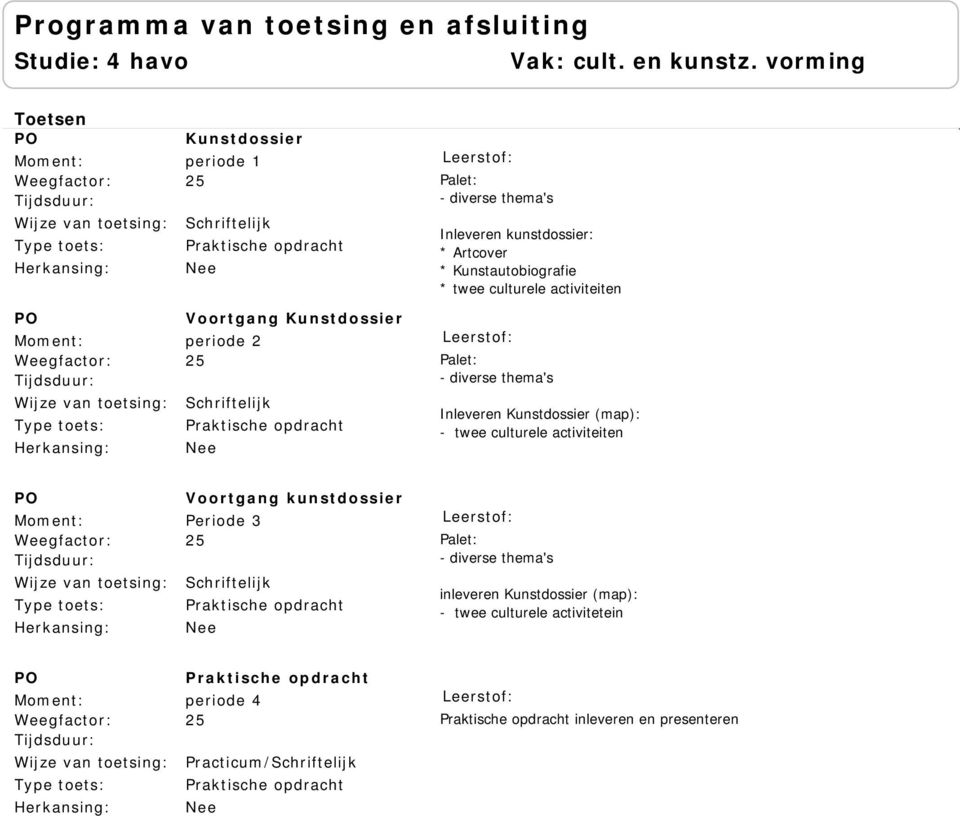 kunstdossier: * Artcover * Kunstautobiografie * twee culturele activiteiten Palet: - diverse thema's Inleveren