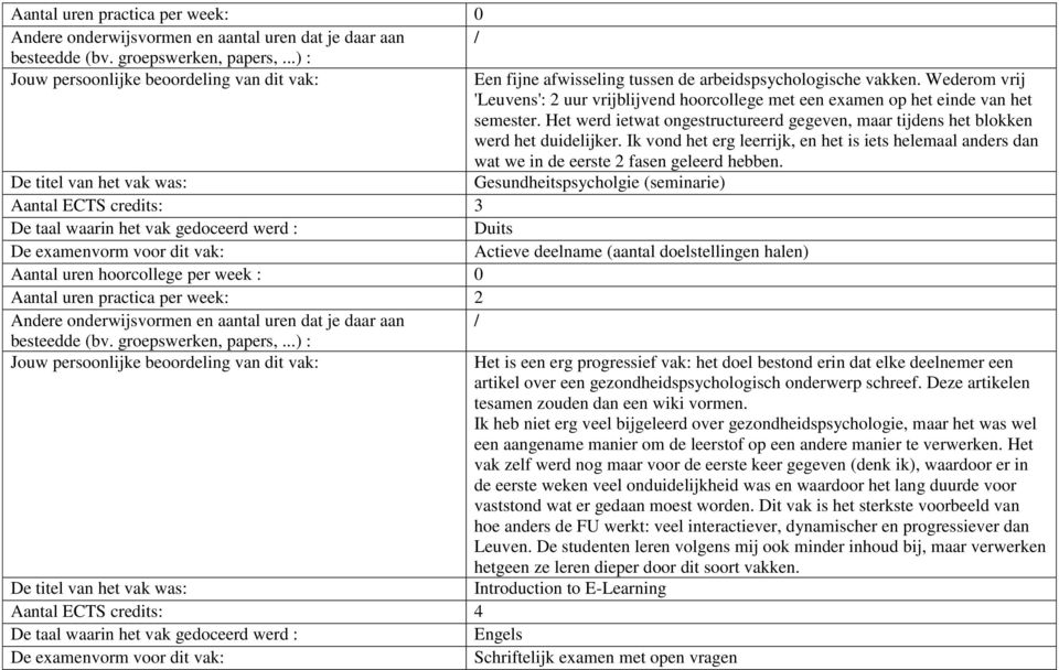 Gesundheitspsycholgie (seminarie) Aantal ECTS credits: 3 Actieve deelname (aantal doelstellingen halen) Aantal uren hoorcollege per week : 0 Aantal uren practica per week: 2 Het is een erg