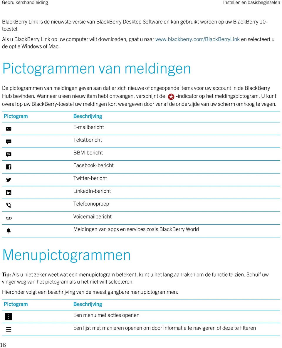 Pictogrammen van meldingen De pictogrammen van meldingen geven aan dat er zich nieuwe of ongeopende items voor uw account in de BlackBerry Hub bevinden.