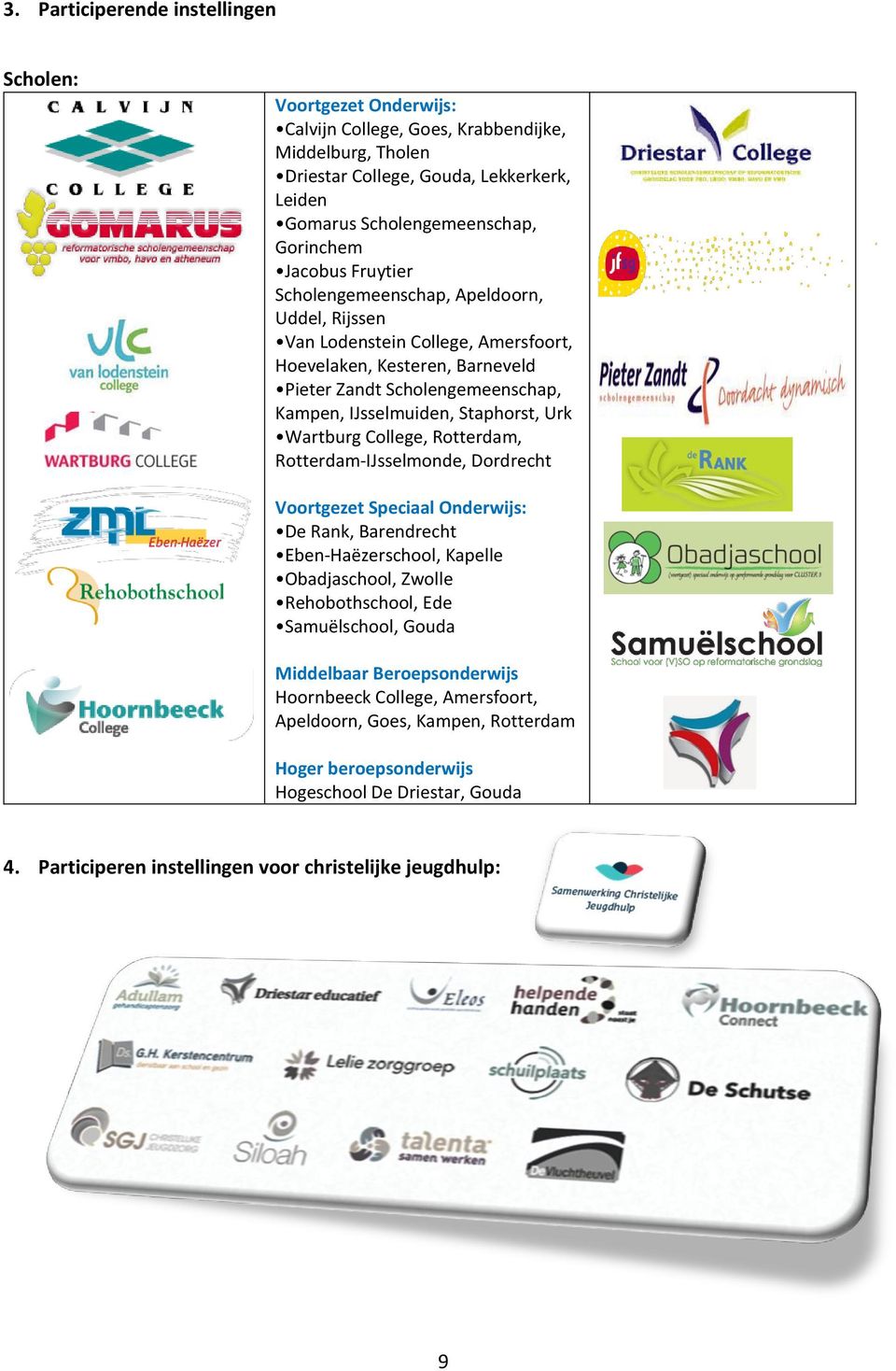 Urk Wartburg College, Rotterdam, Rotterdam-IJsselmonde, Dordrecht Voortgezet Speciaal Onderwijs: De Rank, Barendrecht Eben-Haëzerschool, Kapelle Obadjaschool, Zwolle Rehobothschool, Ede Samuëlschool,