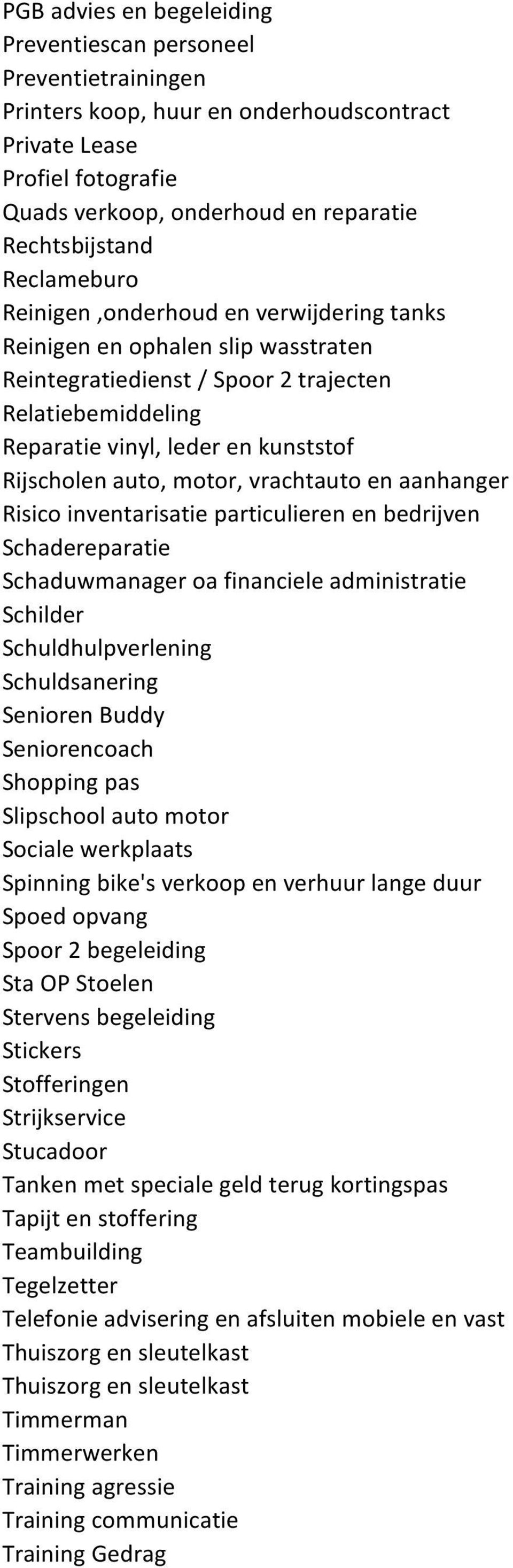 motor, vrachtauto en aanhanger Risico inventarisatie particulieren en bedrijven Schadereparatie Schaduwmanager oa financiele administratie Schilder Schuldhulpverlening Schuldsanering Senioren Buddy