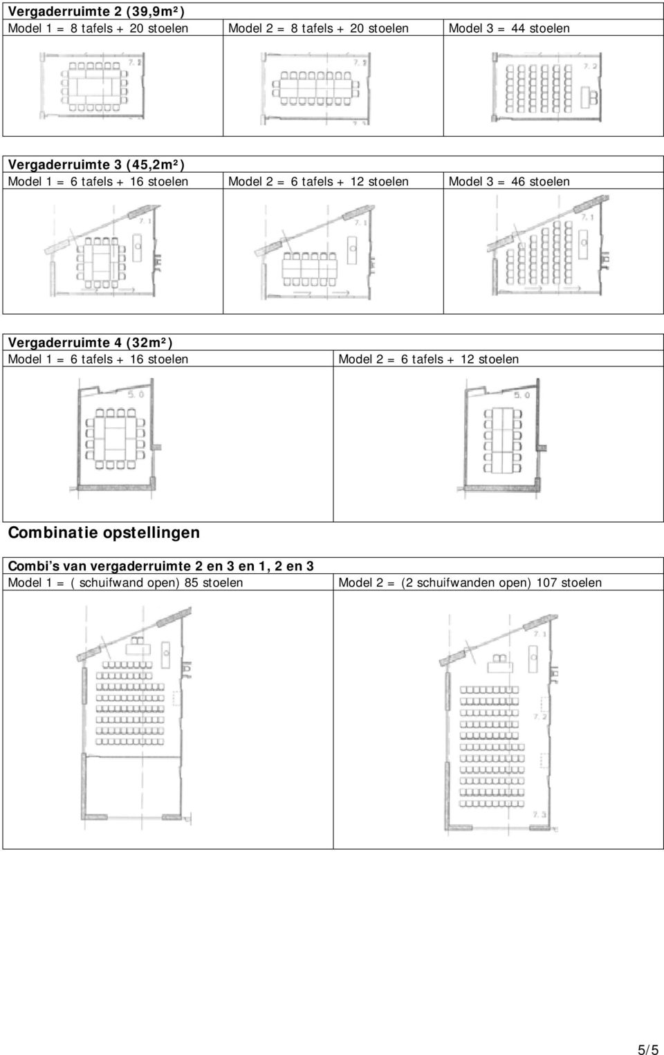 Vergaderruimte 4 (32m²) Model 1 = 6 tafels + 16 stoelen Model 2 = 6 tafels + 12 stoelen Combinatie opstellingen