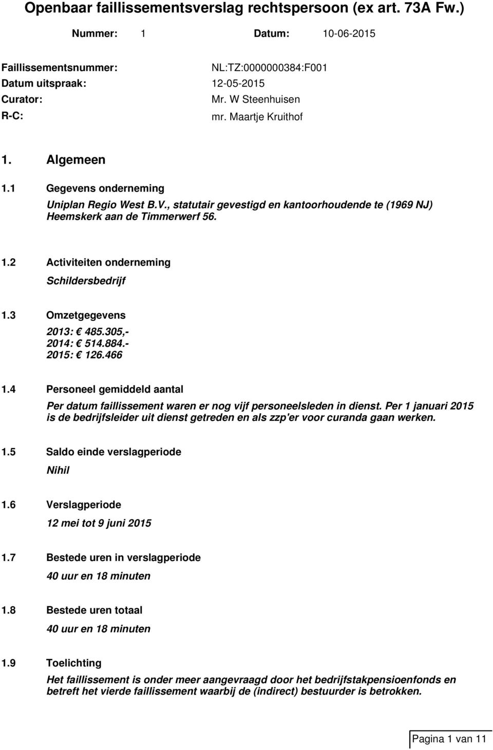 4 Personeel gemiddeld aantal Per datum faillissement waren er nog vijf personeelsleden in dienst. Per 1 januari 2015 is de bedrijfsleider uit dienst getreden en als zzp'er voor curanda gaan werken. 1.5 Saldo einde verslagperiode Nihil 1.