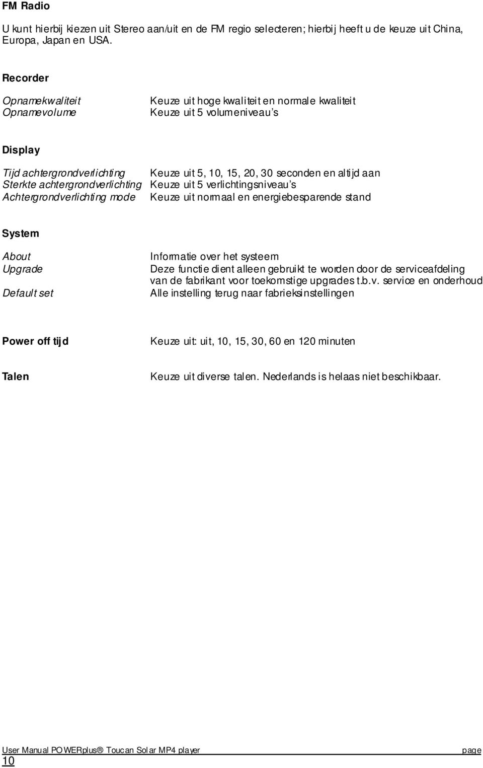 Sterkte achtergrondverlichting Keuze uit 5 verlichtingsniveau s Achtergrondverlichting mode Keuze uit normaal en energiebesparende stand System About Upgrade Default set Informatie over het systeem