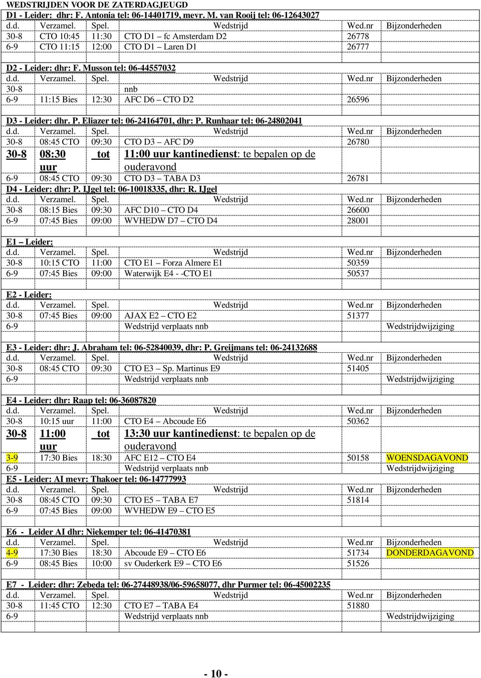 Musson tel: 06-44557032 30-8 nnb 6-9 11:15 Bies 12:30 AFC D6 CTO D2 26596 D3 - Leider: dhr. P. Eliazer tel: 06-24164701, dhr: P.