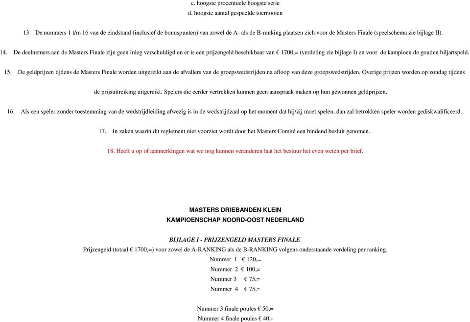 II). 14. De deelnemers aan de Masters Finale zijn geen inleg verschuldigd en er is een prijzengeld beschikbaar van 1700,= (verdeling zie bijlage I) en voor de kampioen de gouden biljartspeld. 15.