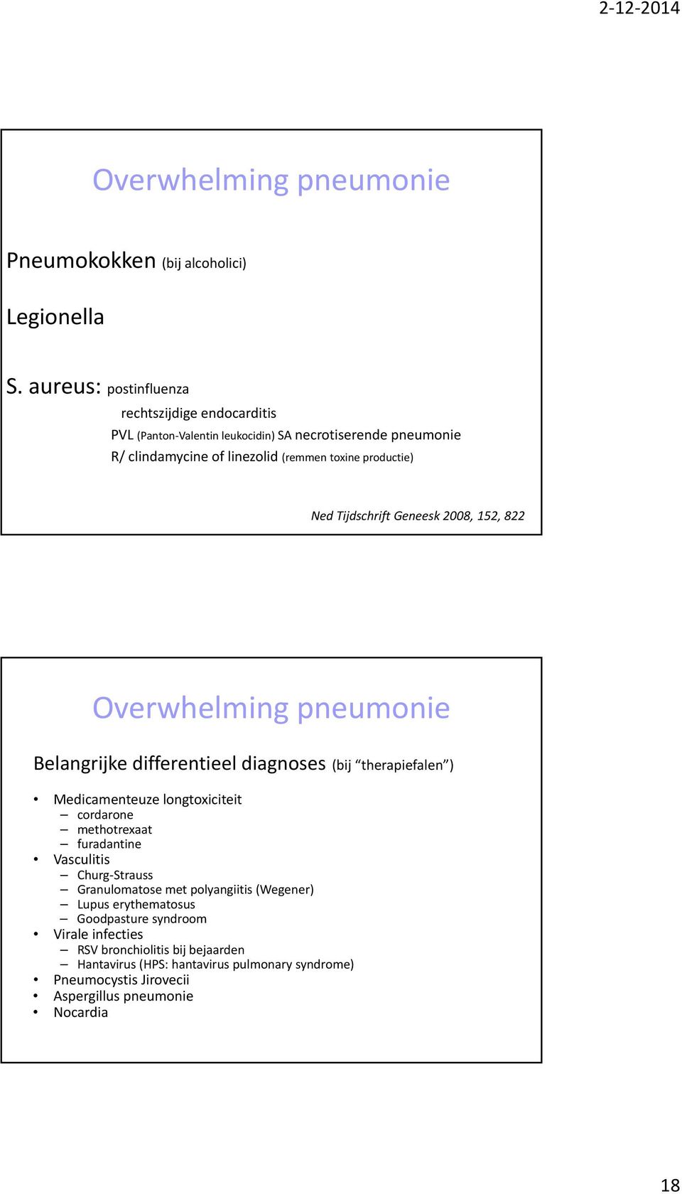 Tijdschrift Geneesk 28, 152, 822 Overwhelming pneumonie Belangrijke differentieel diagnoses (bij therapiefalen ) Medicamenteuze longtoxiciteit cordarone methotrexaat