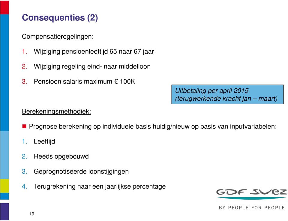 Pensioen salaris maximum 100K Uitbetaling per april 2015 (terugwerkende kracht jan maart) Berekeningsmethodiek: