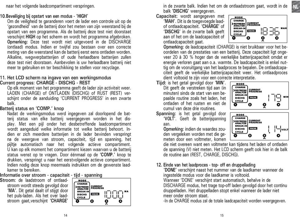 programma. Als de batterij deze test niet doorstaat verschijnt HIGH op het scherm en wordt het programma afgebroken. Opmerking: Deze test wordt niet uitgevoerd in de DISCHARGE (ontlaad) modus.