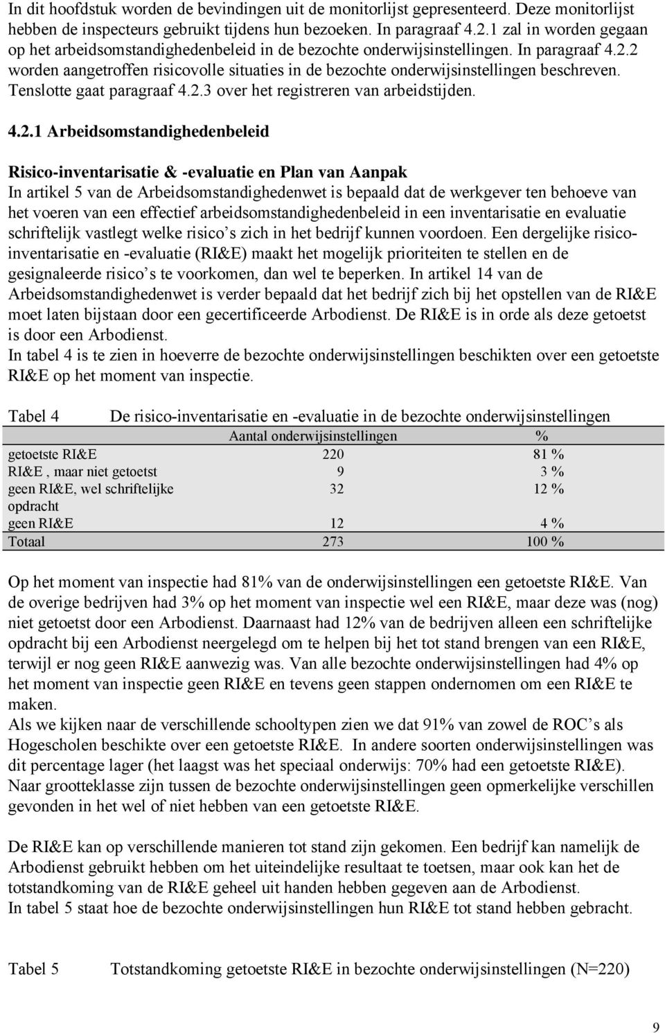 2 worden aangetroffen risicovolle situaties in de bezochte onderwijsinstellingen beschreven. Tenslotte gaat paragraaf 4.2.3 over het registreren van arbeidstijden. 4.2.1 Arbeidsomstandighedenbeleid