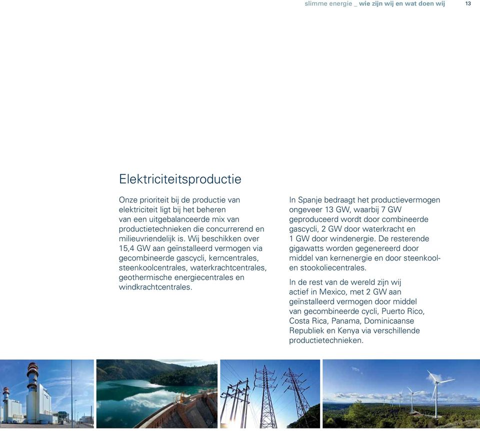 Wij beschikken over 15,4 GW aan geïnstalleerd vermogen via gecombineerde gascycli, kerncentrales, steenkoolcentrales, waterkrachtcentrales, geothermische energiecentrales en windkrachtcentrales.