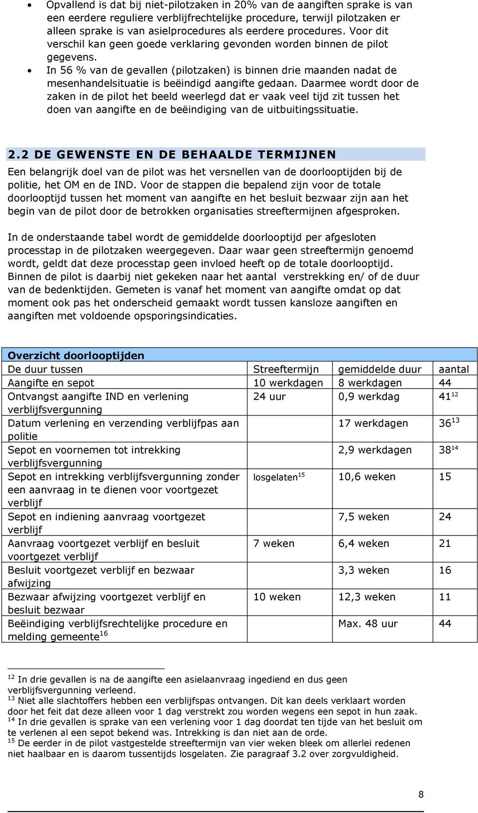 In 56 % van de gevallen (pilotzaken) is binnen drie maanden nadat de mesenhandelsituatie is beëindigd aangifte gedaan.