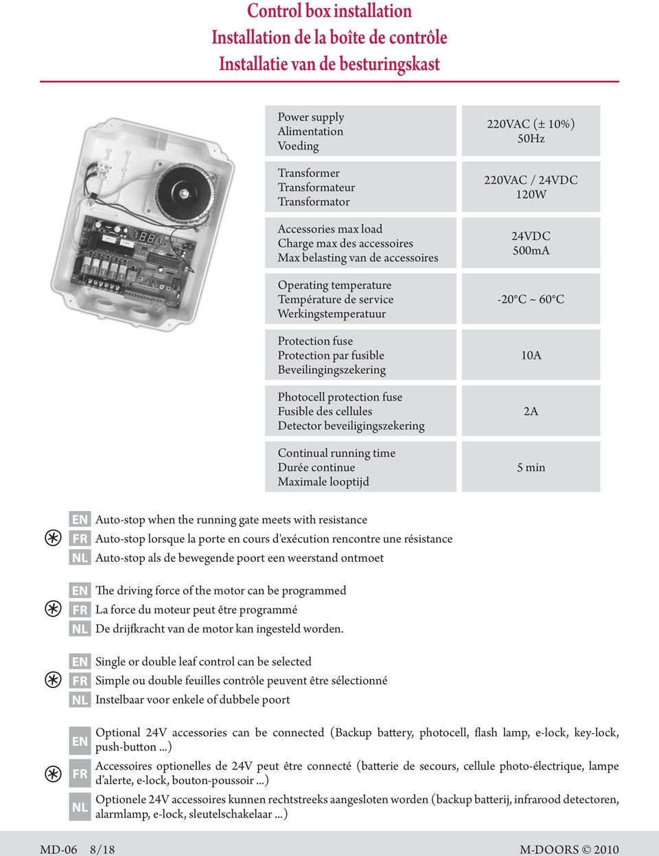 fuse Fusible des cellules Detector beveiligingszekering Continual running time Durée continue Maximale looptijd 220VAC (± 10%) 50Hz 220VAC / 24VDC 120W 24VDC 500mA -20 C ~ 60 C 10A 2A 5 min * * * *