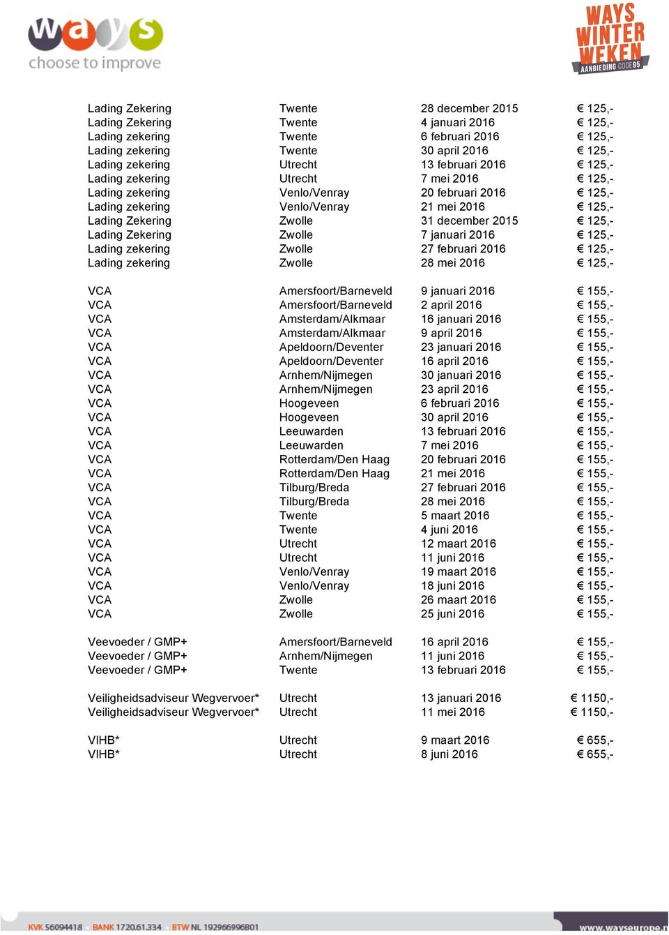 december 2015 125,- Lading Zekering Zwolle 7 januari 2016 125,- Lading zekering Zwolle 27 februari 2016 125,- Lading zekering Zwolle 28 mei 2016 125,- VCA Amersfoort/Barneveld 9 januari 2016 155,-