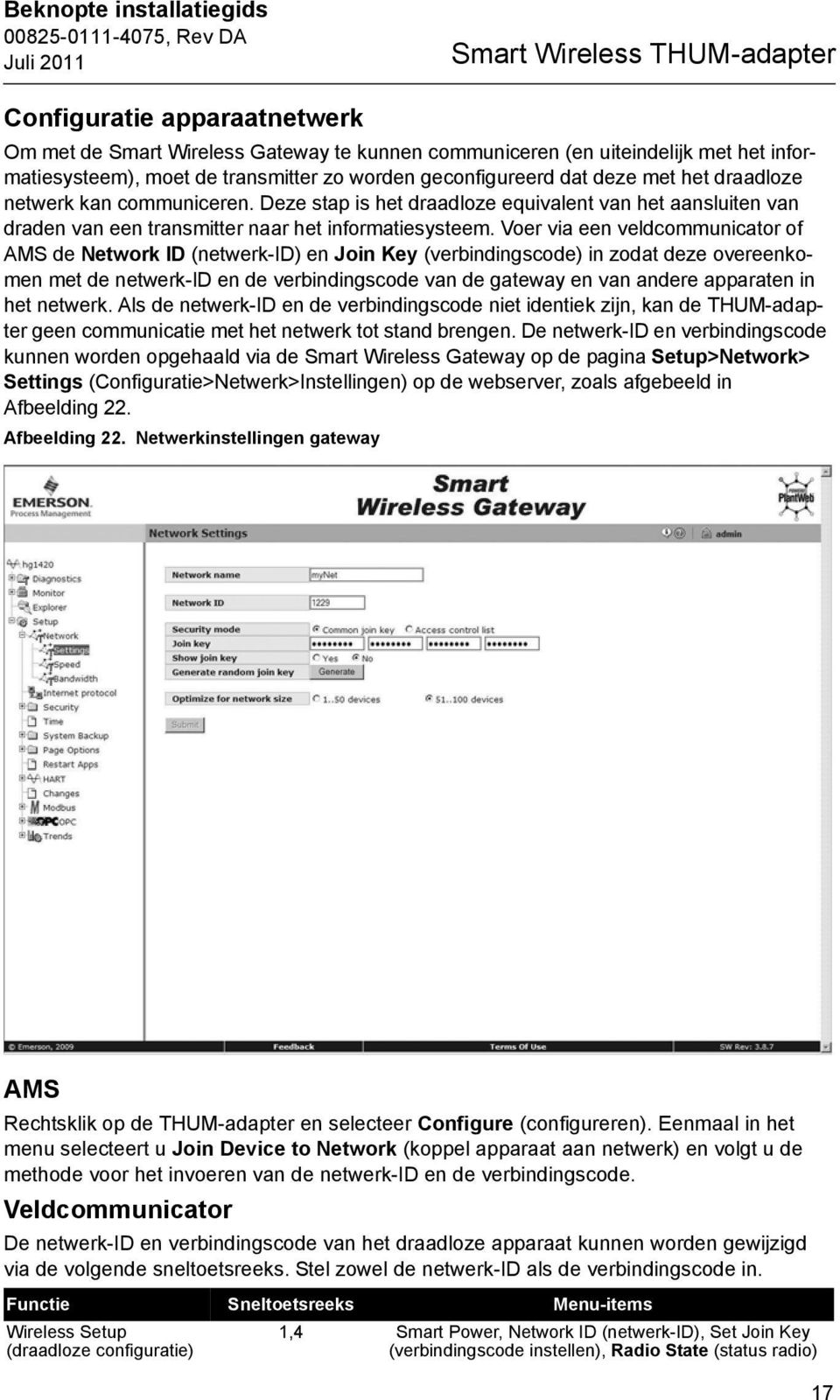 Voer via een veldcommunicator of AMS de Network ID (netwerk-id) en Join Key (verbindingscode) in zodat deze overeenkomen met de netwerk-id en de verbindingscode van de gateway en van andere apparaten