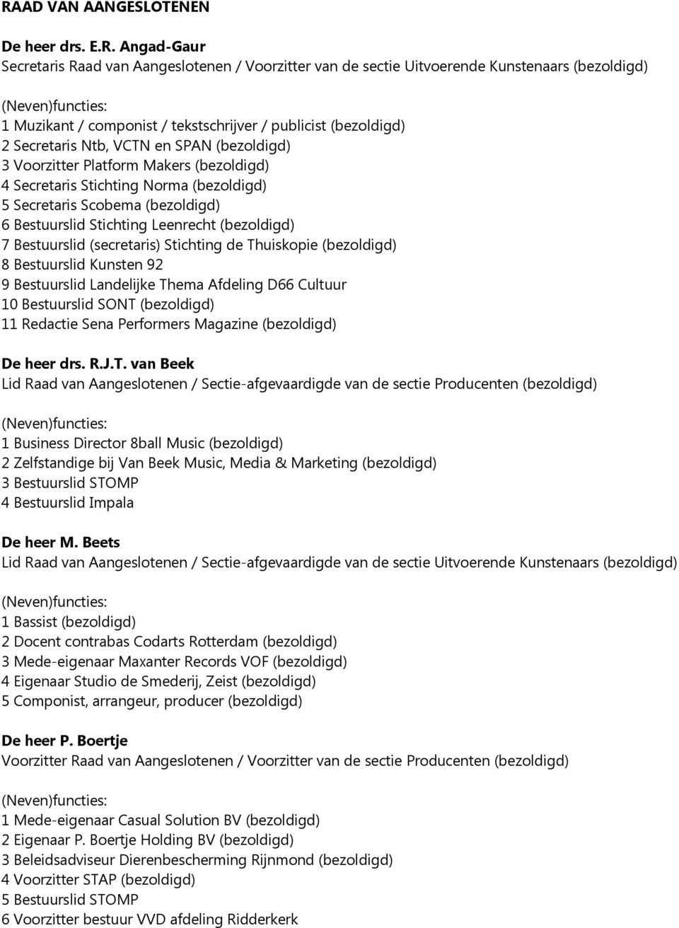 Stichting Leenrecht (bezoldigd) 7 Bestuurslid (secretaris) Stichting de Thuiskopie (bezoldigd) 8 Bestuurslid Kunsten 92 9 Bestuurslid Landelijke Thema Afdeling D66 Cultuur 10 Bestuurslid SONT