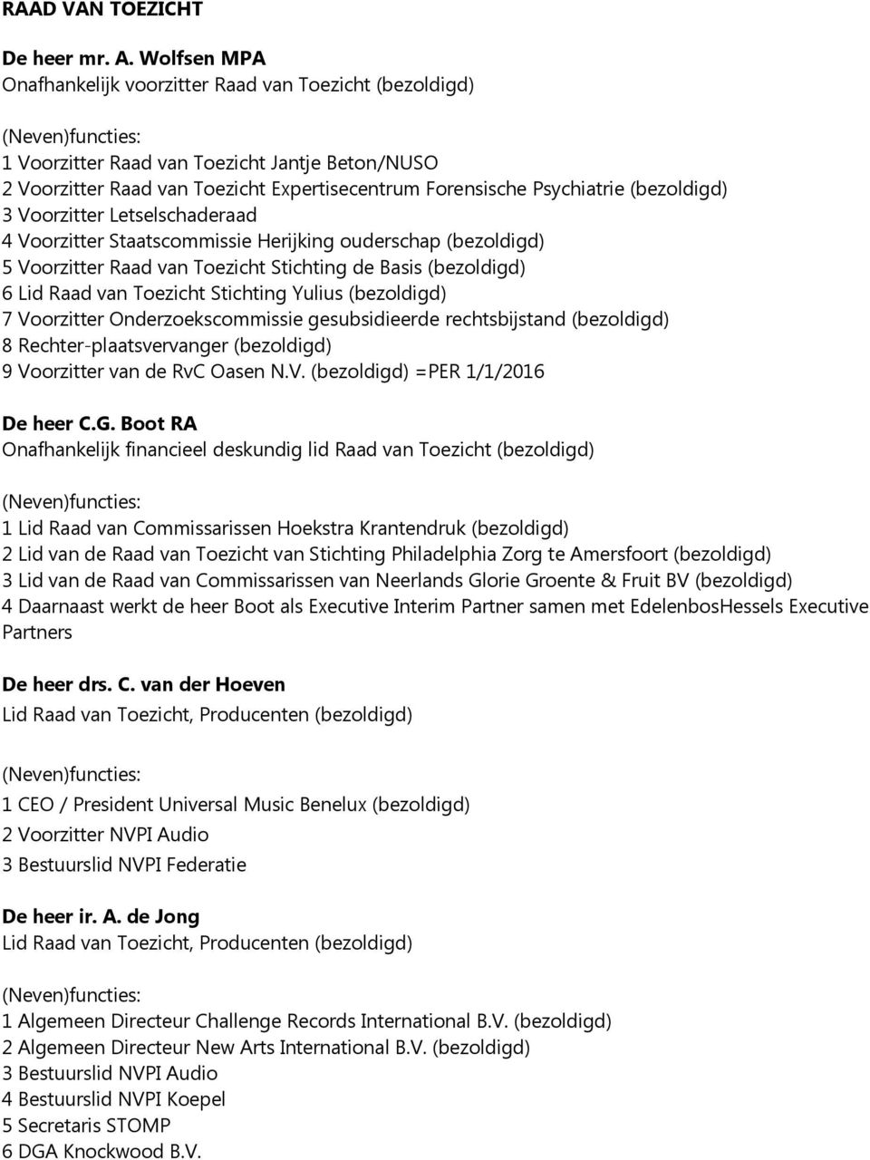 3 Voorzitter Letselschaderaad 4 Voorzitter Staatscommissie Herijking ouderschap (bezoldigd) 5 Voorzitter Raad van Toezicht Stichting de Basis (bezoldigd) 6 Lid Raad van Toezicht Stichting Yulius