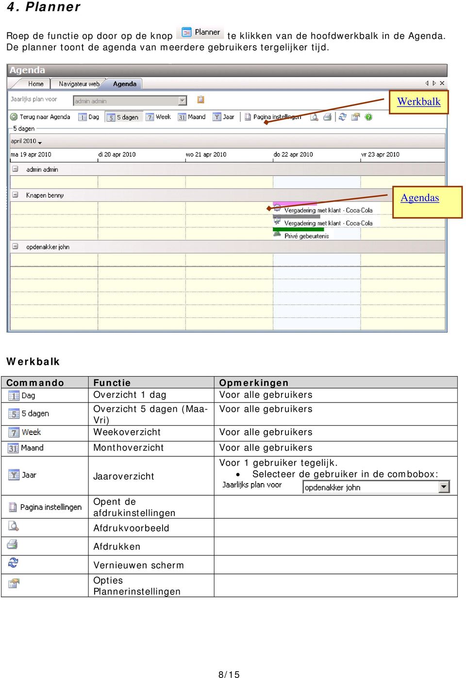 Werkbalk Agendas Werkbalk Commando Functie Opmerkingen Overzicht 1 dag Voor alle gebruikers Overzicht 5 dagen (Maa- Vri) Weekoverzicht