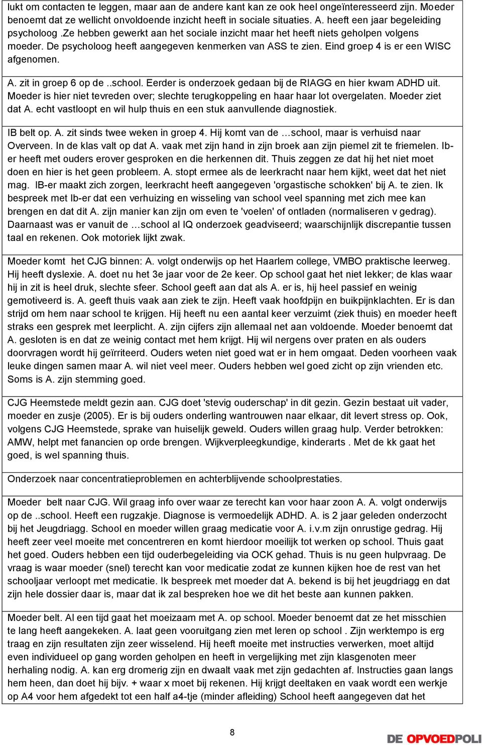 Eind groep 4 is er een WISC afgenomen. A. zit in groep 6 op de..school. Eerder is onderzoek gedaan bij de RIAGG en hier kwam ADHD uit.