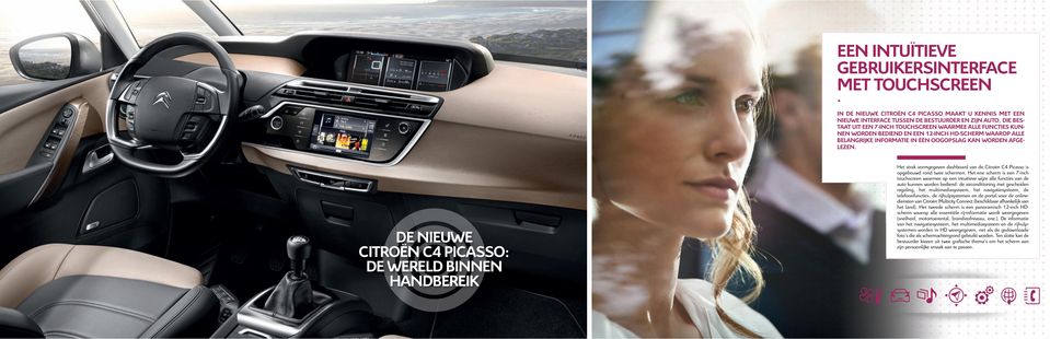 DE NIEUWE CITROËN C4 PICASSO: DE WERELD BINNEN HANDBEREIK Het strak vormgegeven dashboard van de Citroën C4 Picasso is opgebouwd rond twee schermen.