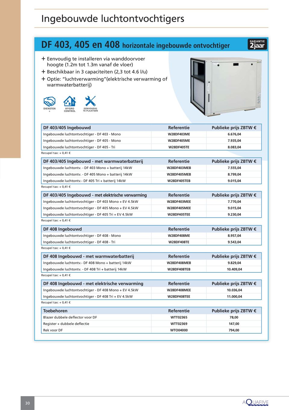 6 l/u) É Optie: luchtverwarming (elektrische verwarming of warmwaterbatterij) DIENSTEN + HYGRO CONTROL EENVOUDIG TE PLAATSEN DF 403/405 Ingebouwd Referentie Publieke prijs ZBTW Ingebouwde