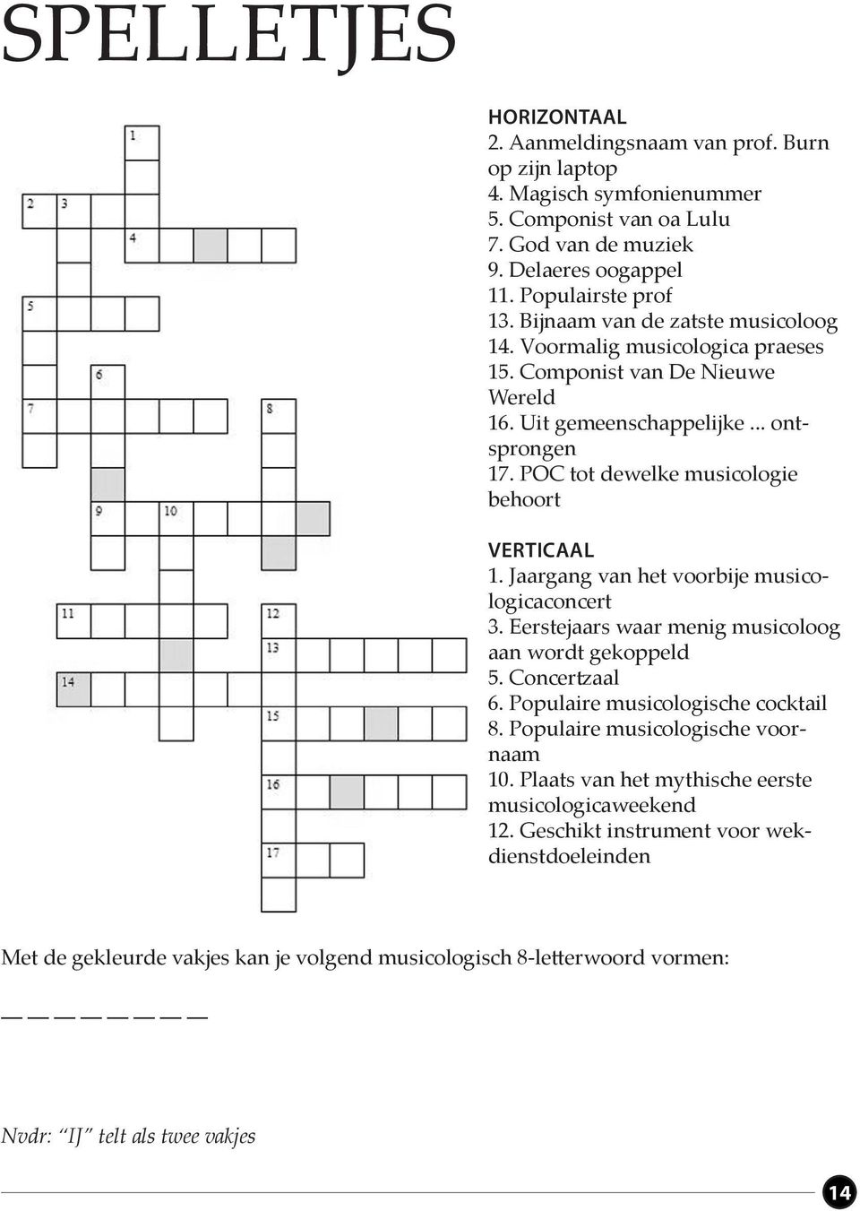 Jaargang van het voorbije musicologicaconcert 3. Eerstejaars waar menig musicoloog aan wordt gekoppeld 5. Concertzaal 6. Populaire musicologische cocktail 8. Populaire musicologische voornaam 10.