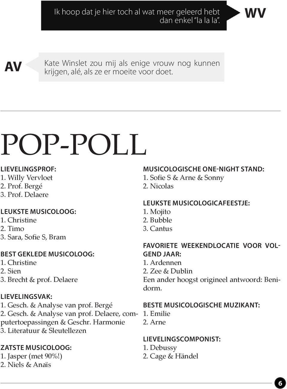 Gesch. & Analyse van prof. Bergé 2. Gesch. & Analyse van prof. Delaere, computertoepassingen & Geschr. Harmonie 3. Literatuur & Sleutellezen ZATSTE MUSICOLOOG: 1. Jasper (met 90%!) 2.