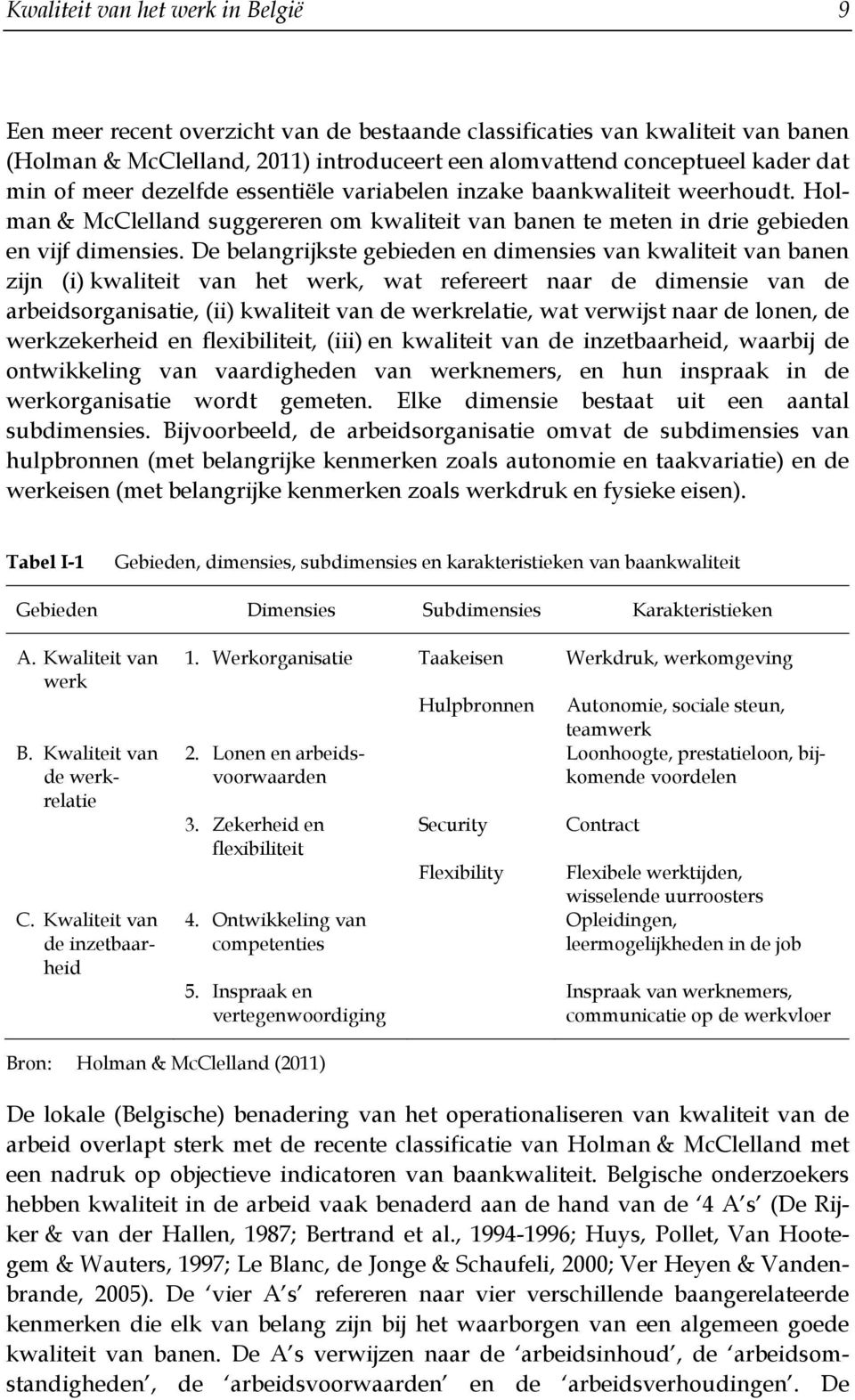 De belangrijkste gebieden en dimensies van kwaliteit van banen zijn (i) kwaliteit van het werk, wat refereert naar de dimensie van de arbeidsorganisatie, (ii) kwaliteit van de werkrelatie, wat