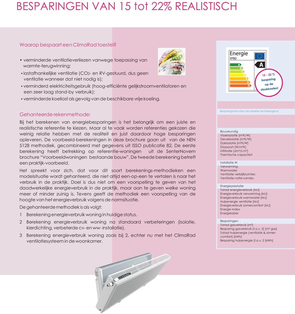 elektriciteitsgebruik (hoog-efficiënte gelijkstroomventilatoren en een zeer laag stand-by verbruik); verminderde koellast als gevolg van de beschikbare vrije koeling.