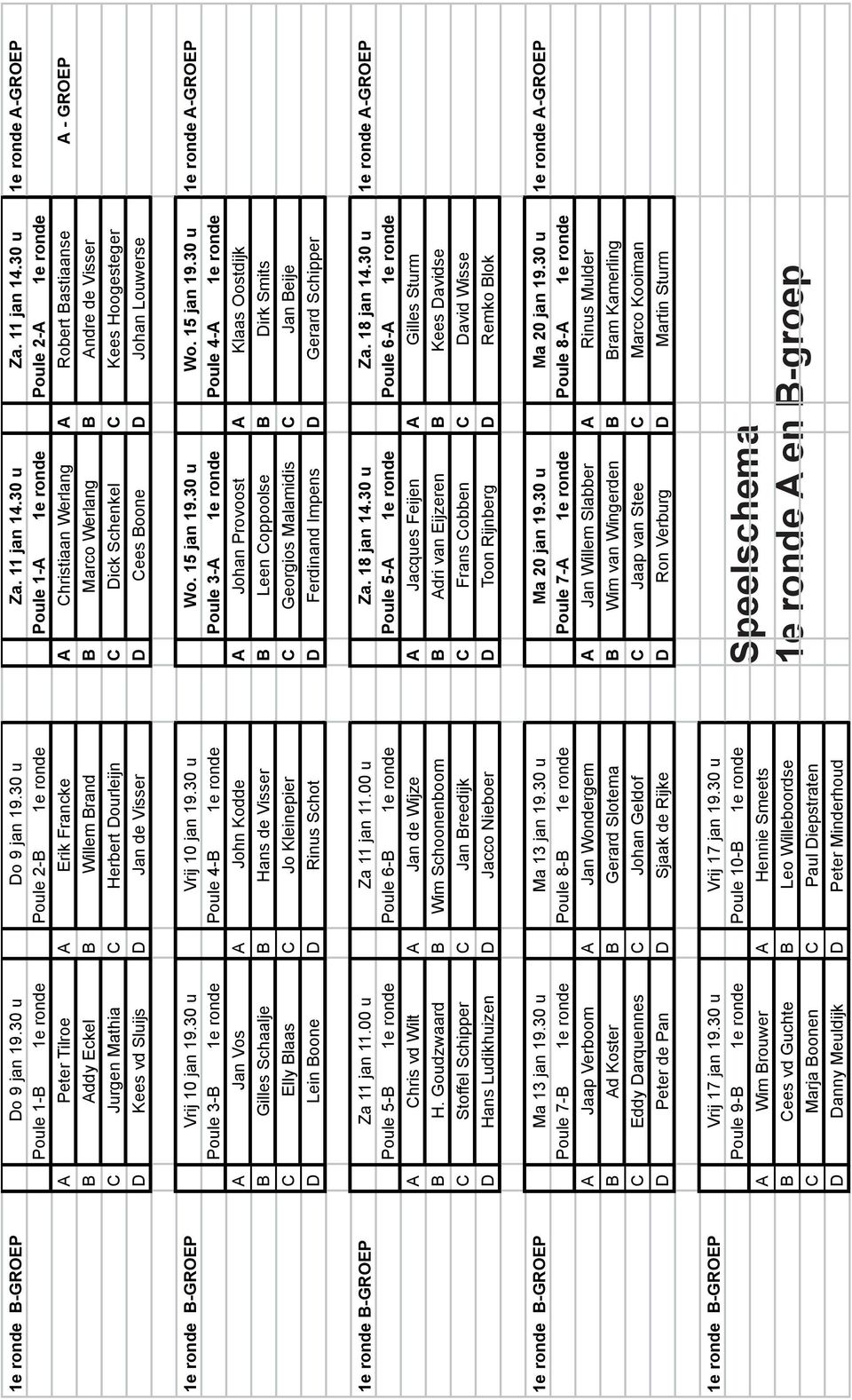 30 u 1e ronde A-GROEP Poule 1-B 1e ronde Poule 2-B 1e ronde Poule 1-A 1e ronde Poule 2-A 1e ronde A Peter Tilroe A Erik Francke A Christiaan Werlang A Robert Bastiaanse A - GROEP B Addy Eckel B