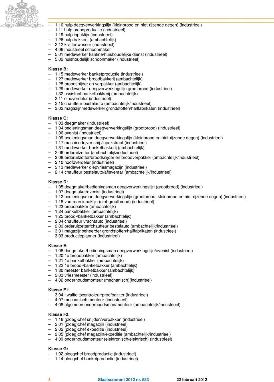 15 medewerker banketproductie (industrieel) 1.27 medewerker broodbakkerij (ambachtelijk) 1.28 broodsnijder en verpakker (ambachtelijk) 1.29 medewerker deegverwerkingslijn grootbrood (industrieel) 1.