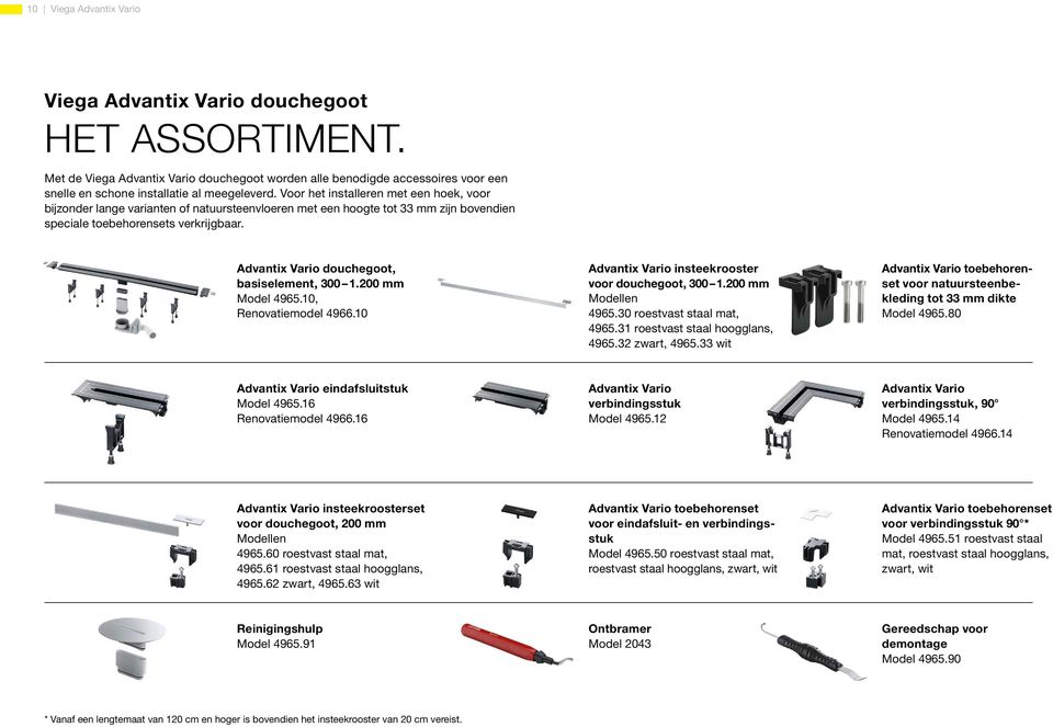Advantix Vario douchegoot, basiselement, 300 1.200 mm Model 4965.10, Renovatiemodel 4966.10 Advantix Vario insteekrooster voor douchegoot, 300 1.200 mm Modellen 4965.30 roestvast staal mat, 4965.