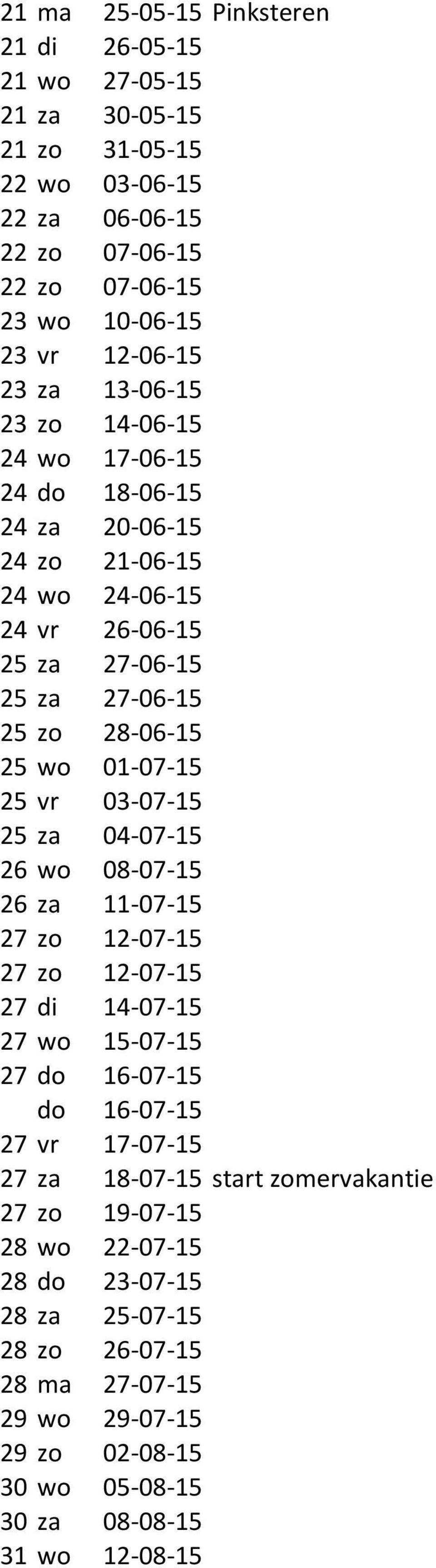 25 vr 03-07- 15 25 za 04-07- 15 26 wo 08-07- 15 26 za 11-07- 15 27 zo 12-07- 15 27 zo 12-07- 15 27 di 14-07- 15 27 wo 15-07- 15 27 do 16-07- 15 do 16-07- 15 27 vr 17-07- 15 27 za 18-07- 15