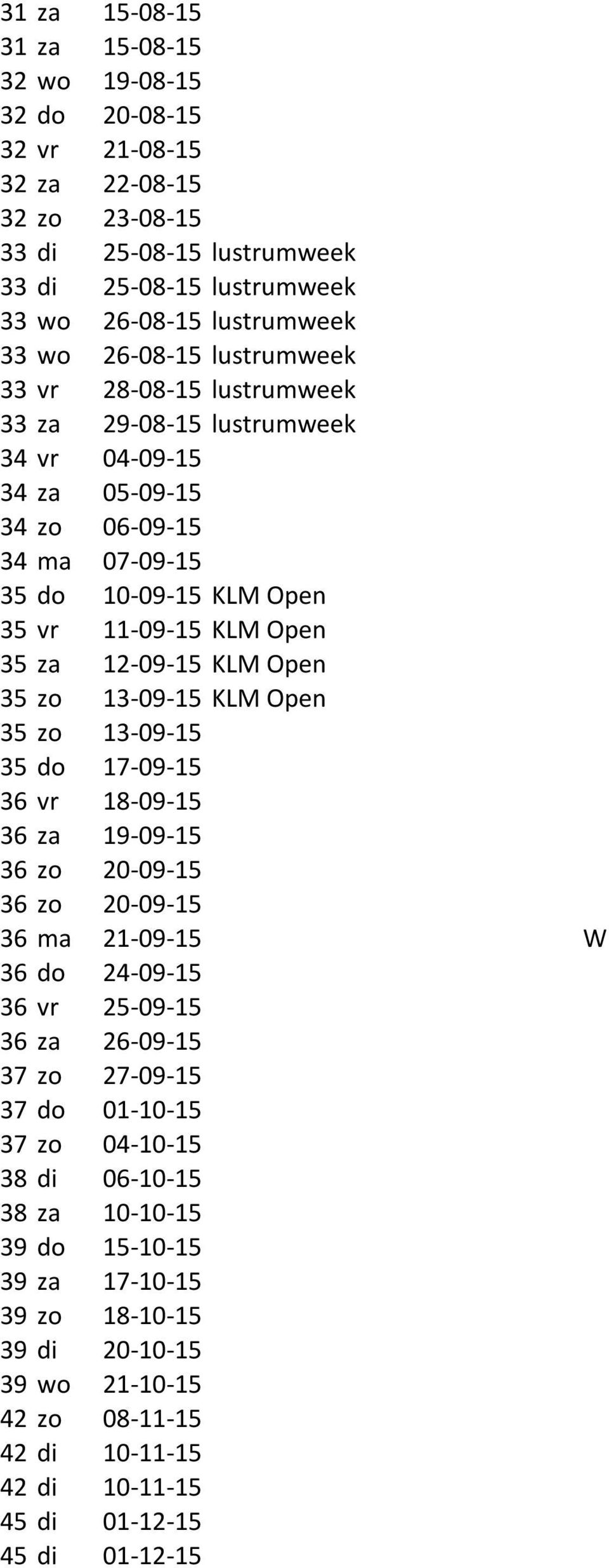 za 12-09- 15 KLM Open 35 zo 13-09- 15 KLM Open 35 zo 13-09- 15 35 do 17-09- 15 36 vr 18-09- 15 36 za 19-09- 15 36 zo 20-09- 15 36 zo 20-09- 15 36 ma 21-09- 15 W 36 do 24-09- 15 36 vr 25-09- 15 36 za