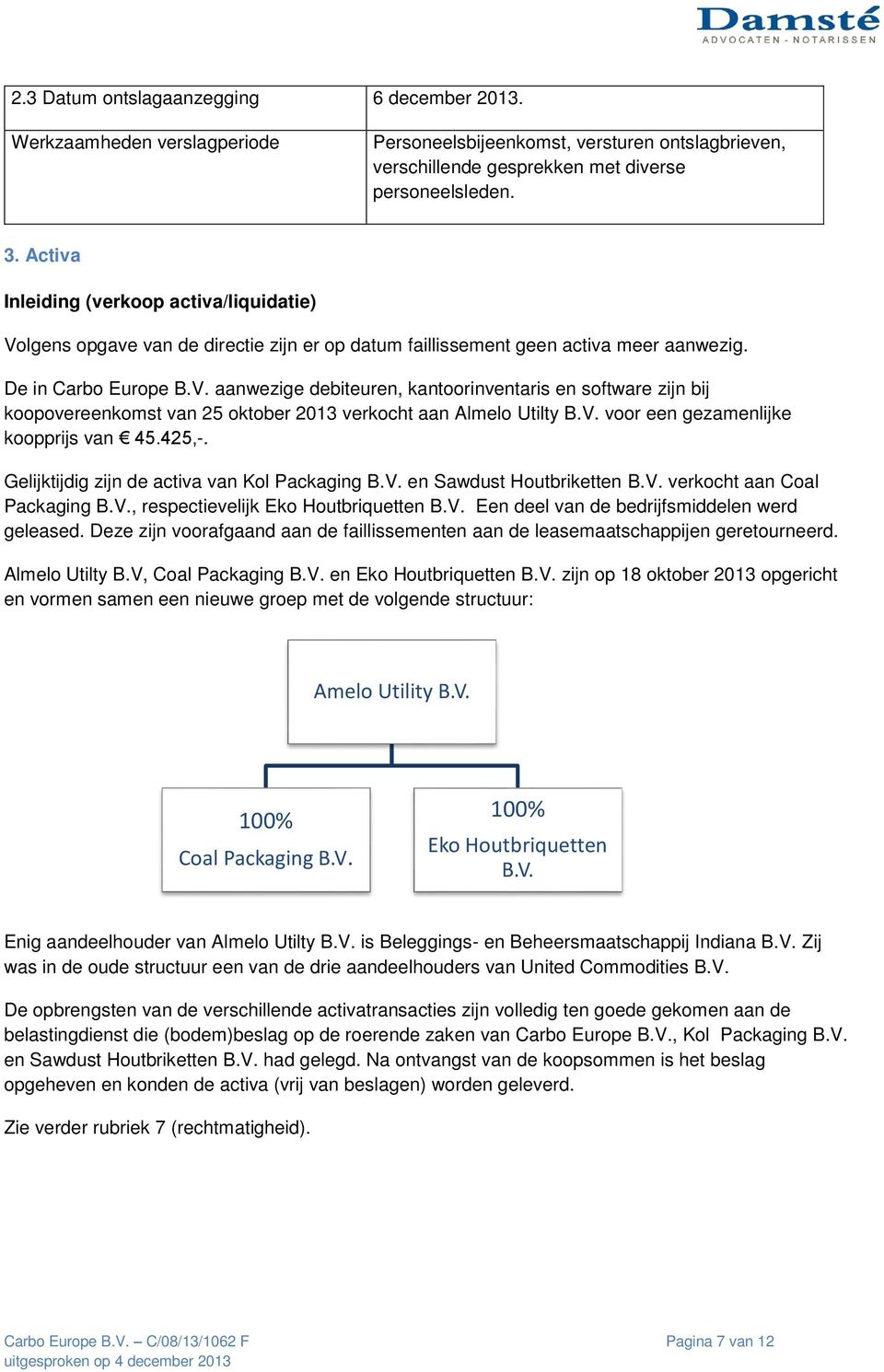 V. voor een gezamenlijke koopprijs van 45.425,-. Gelijktijdig zijn de activa van Kol Packaging B.V. en Sawdust Houtbriketten B.V. verkocht aan Coal Packaging B.V., respectievelijk Eko Houtbriquetten B.