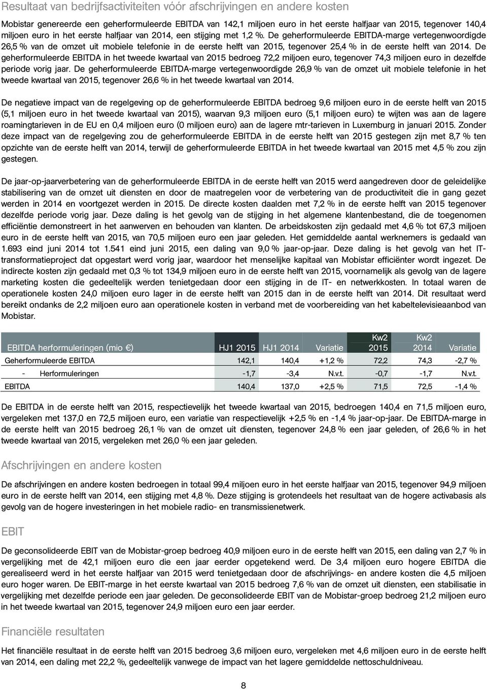 De geherformuleerde EBITDA-marge vertegenwoordigde 26,5 % van de omzet uit mobiele telefonie in de eerste helft van 2015, tegenover 25,4 % in de eerste helft van 2014.